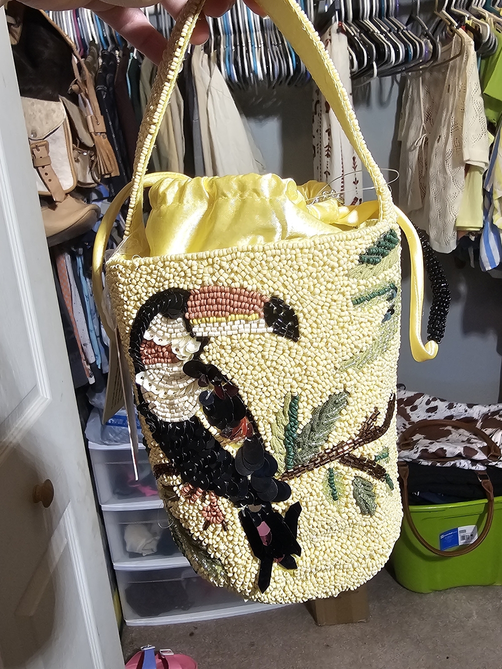 Yellow Beaded Parrot Bucket Shoulder Bag